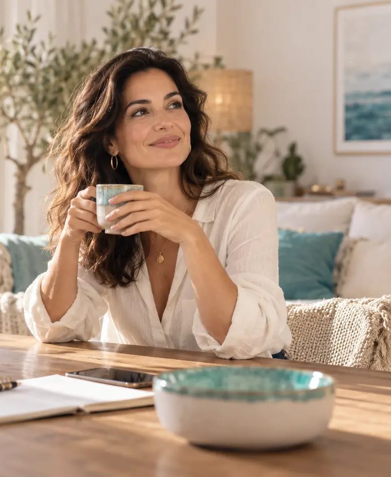 Psicóloga tomando un té con calma en su casa
